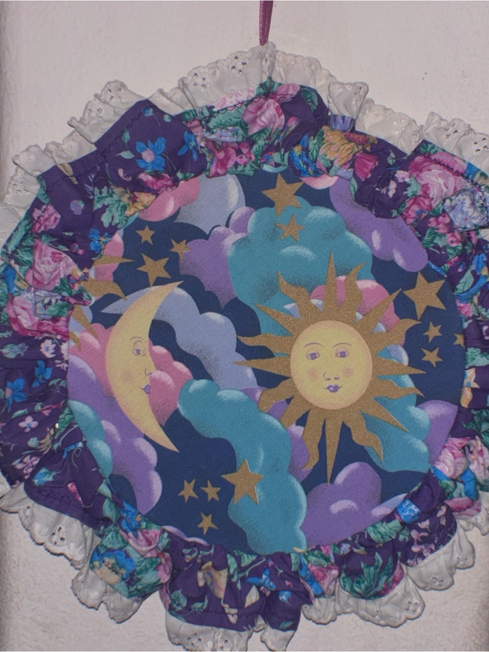 Floral Fabric Framed celestial wall decor, Moon & Sun in Purple